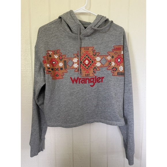 Wrangler Tops - Wrangler Womens Gray Southwestern Aztec Logo Cropped Hoodie Small